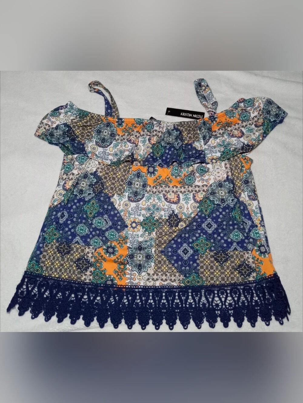 Kristin Nicole Cold Shoulder Ruffle Top Blouse XL - Boho Patchwork Paisley Knit